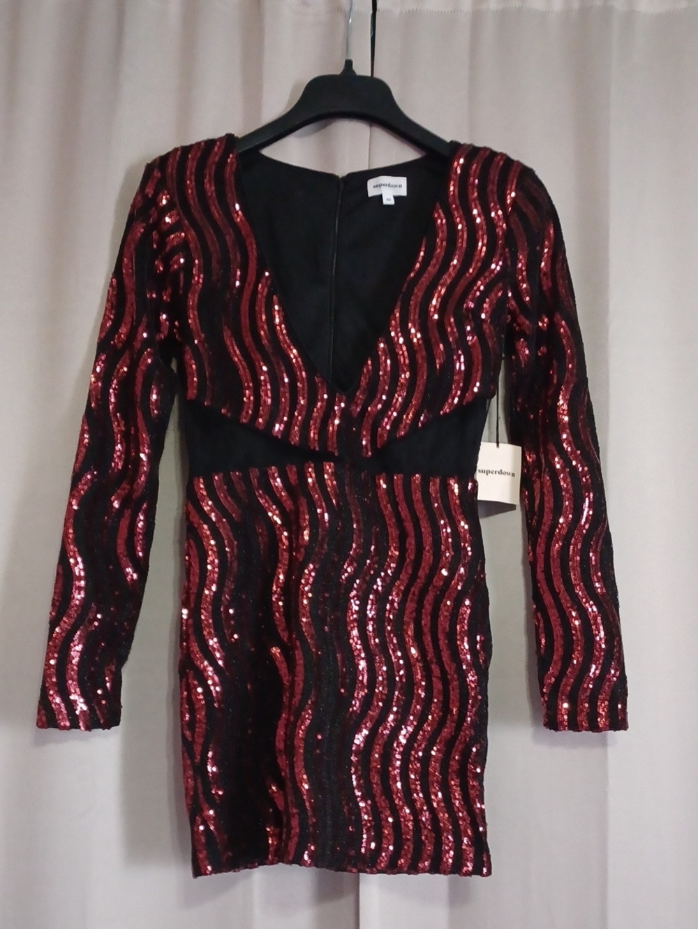 Superdown NWT Kim Deep V Sequin Mini Dress XS Burgundy Black Mesh Cutout Revolve